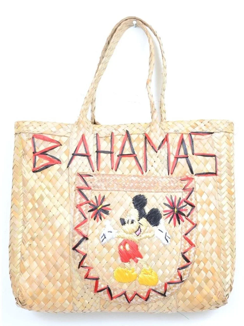 Vintage Bahamas Disney's Mickey Mouse Woven‎ Straw Embroidery Tote Bag Purse